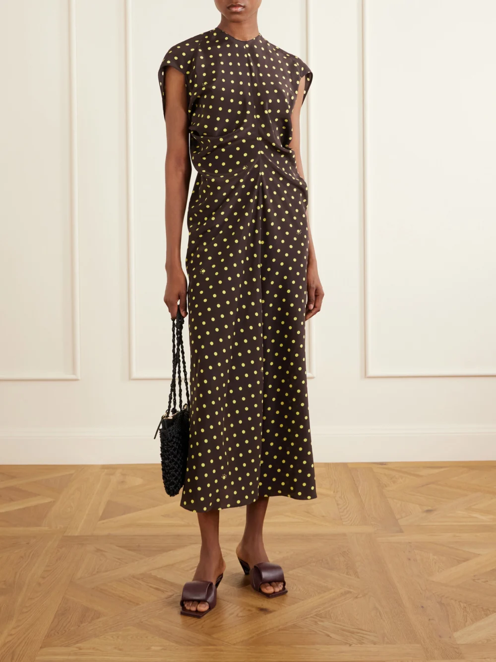 Marni Ruched Polka-dot Silk-blend Midi Dress, worn by a model