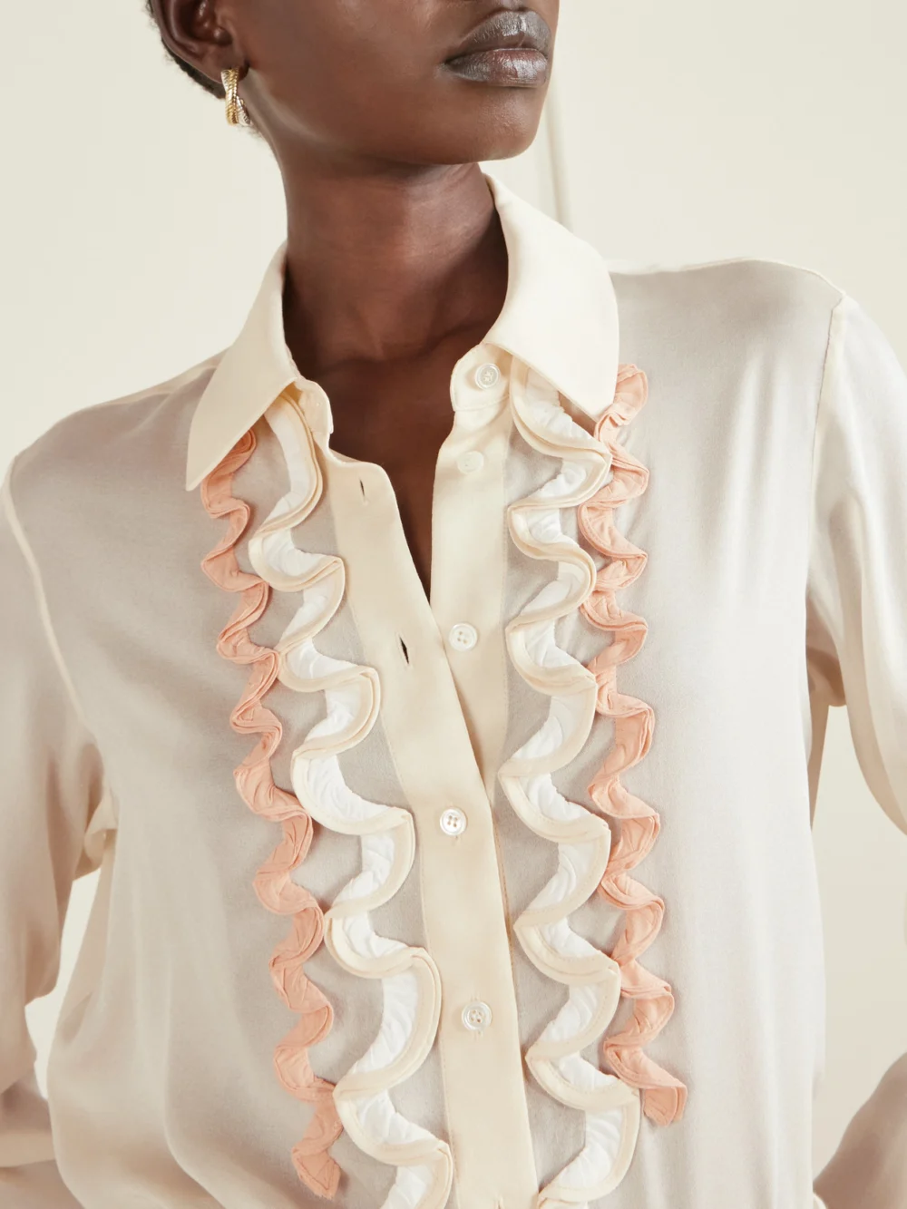 Close-up detail of the Marni Ruffled Crepe-trimmed Silk Shirt
