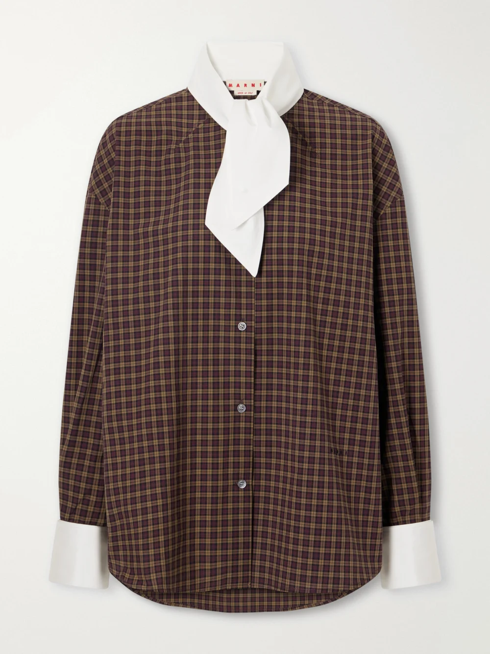Marni Scarf-detailed Checked Cotton-poplin Shirt in brown