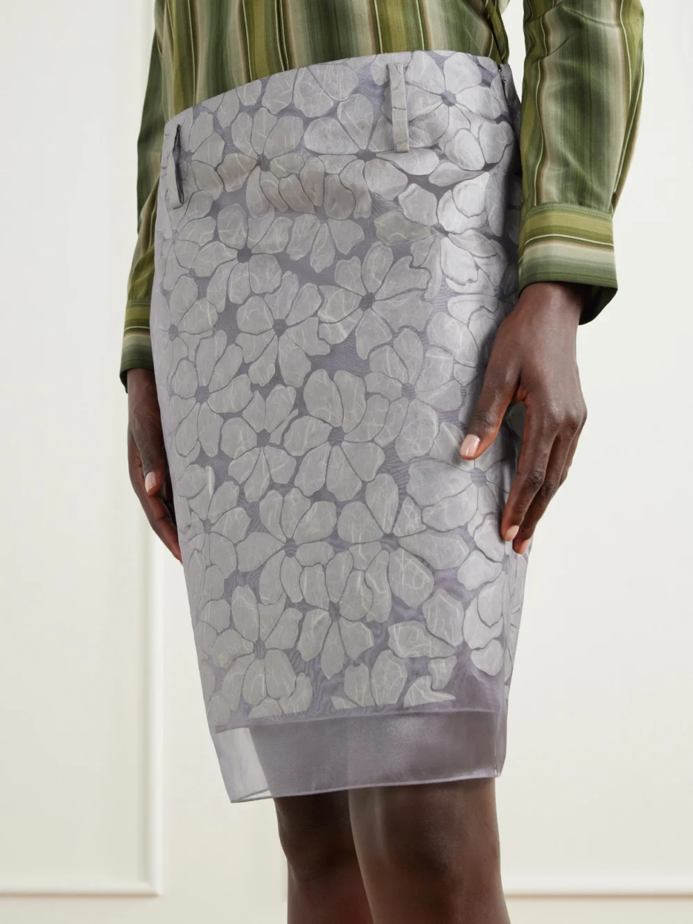 Close-up detail of the Marni Tiered Floral-appliquéd Organza Midi Skirt