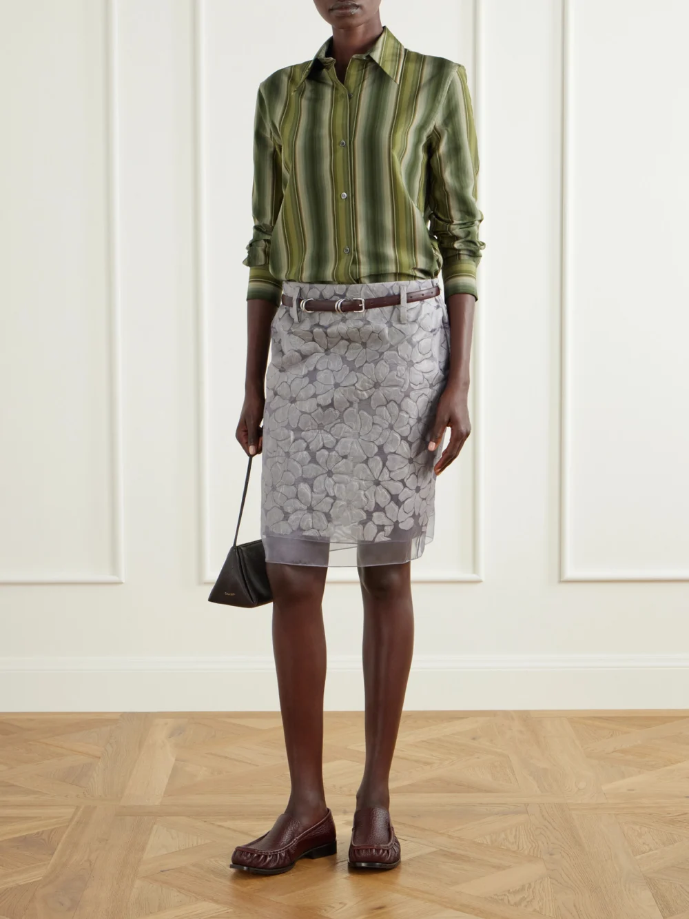 Marni Tiered Floral-appliquéd Organza Midi Skirt, worn by a model