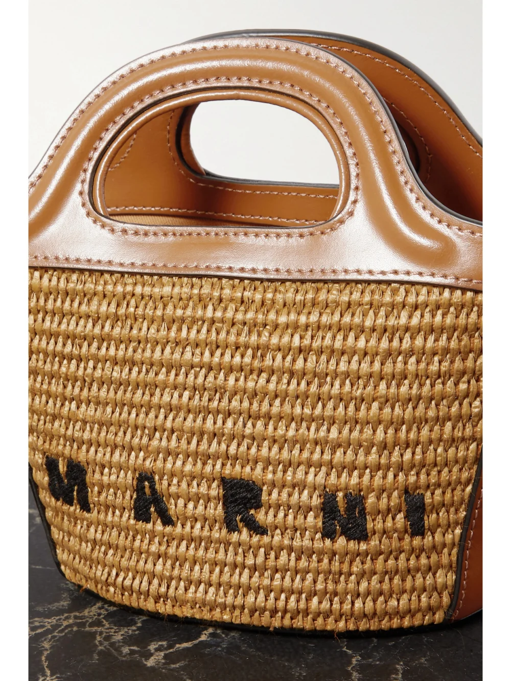 Close-up detail of the Marni Tropicalia Micro Embroidered Leather-trimmed Raffia Tote