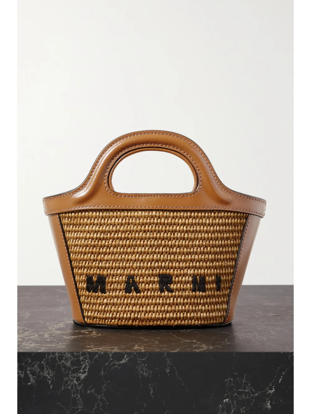 Marni Tropicalia Micro Embroidered Leather-trimmed Raffia Tote in brown