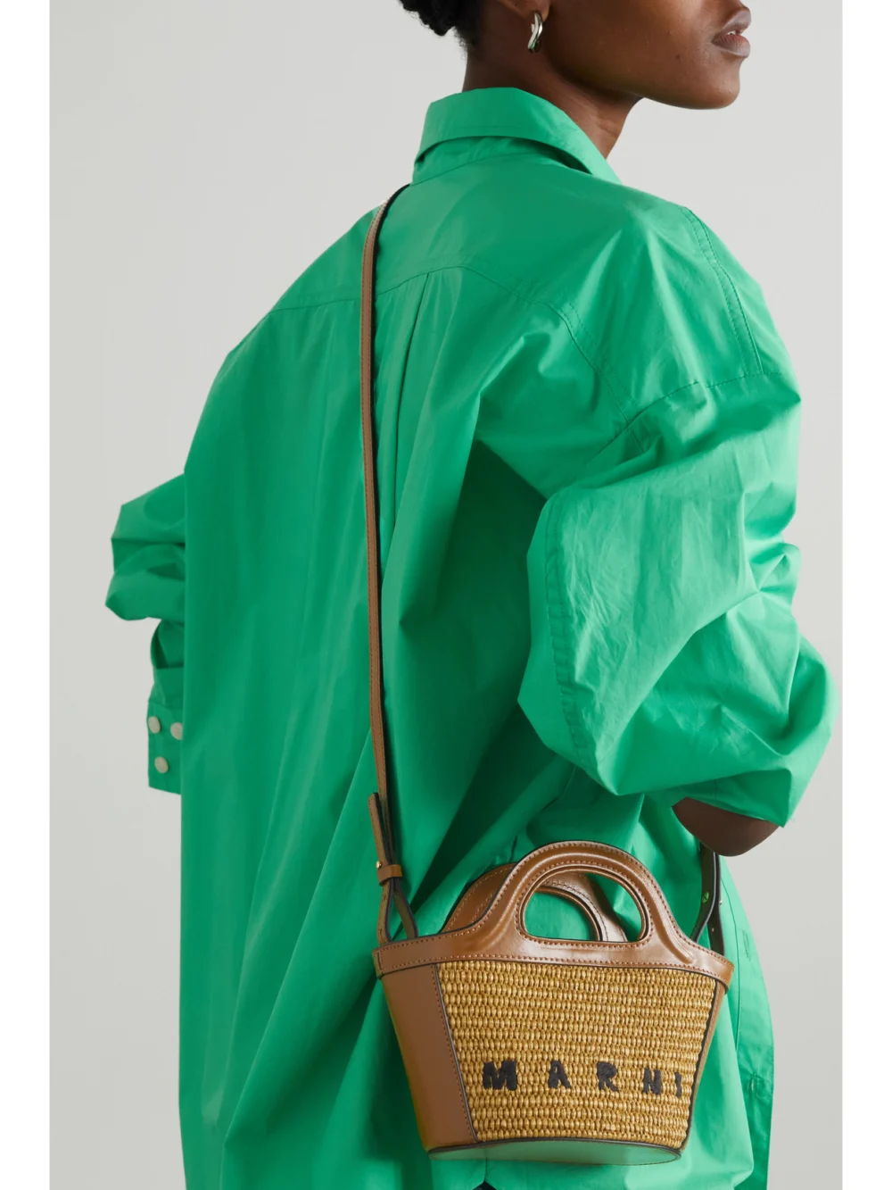 Marni Tropicalia Micro Embroidered Leather-trimmed Raffia Tote, styled view