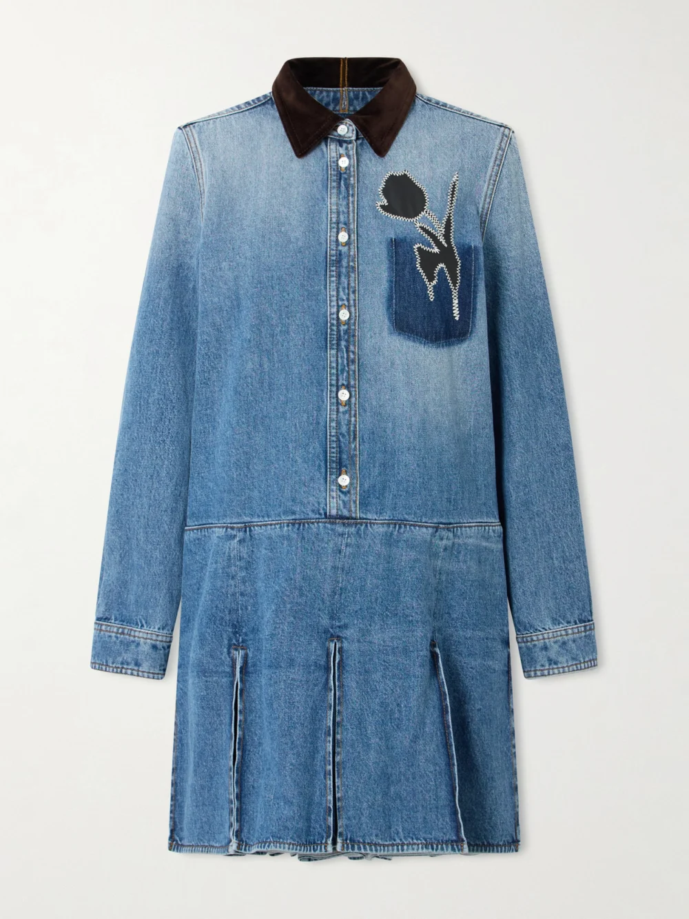 Marni Velvet-trimmed Appliquéd Pleated Denim Mini Dress in mid denim
