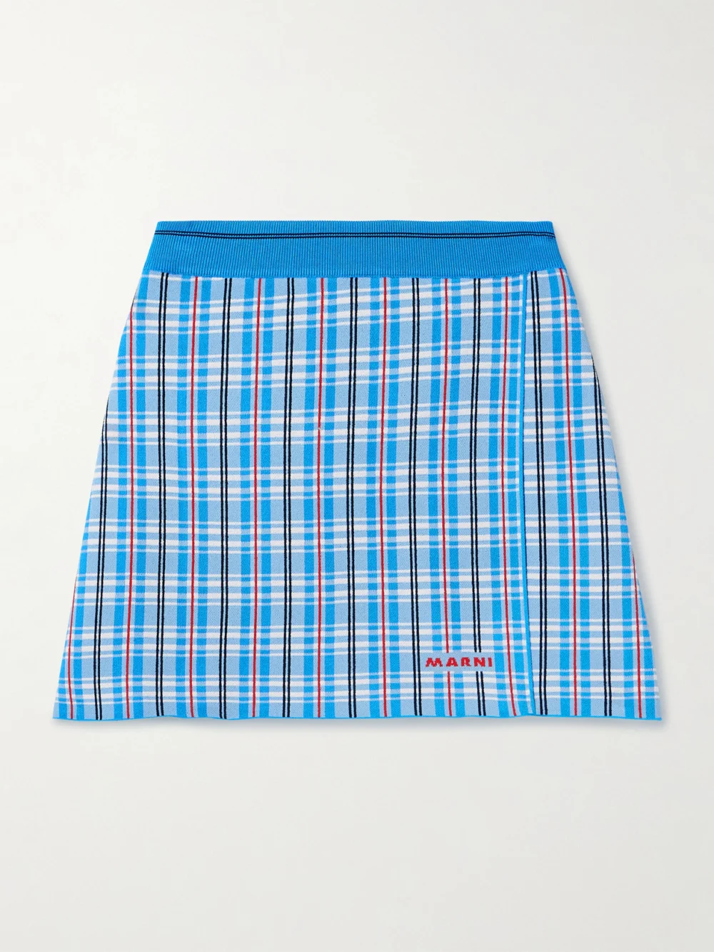Marni Wrap-effect Checked Stretch-knit Mini Skirt in blue
