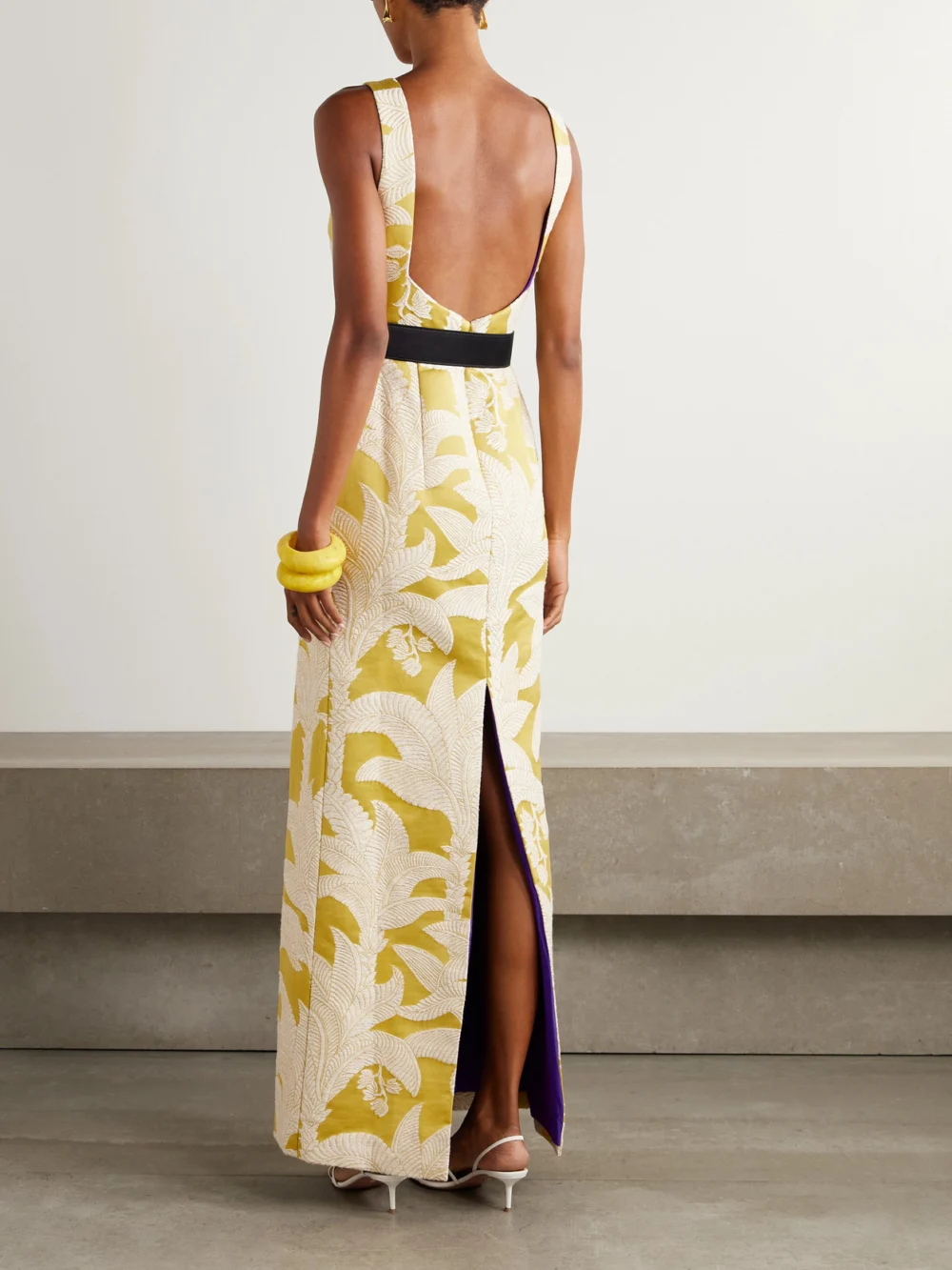 Back view of the Marta Ferri Angera Belted Open-back Cotton-blend Brocade Maxi Dress
