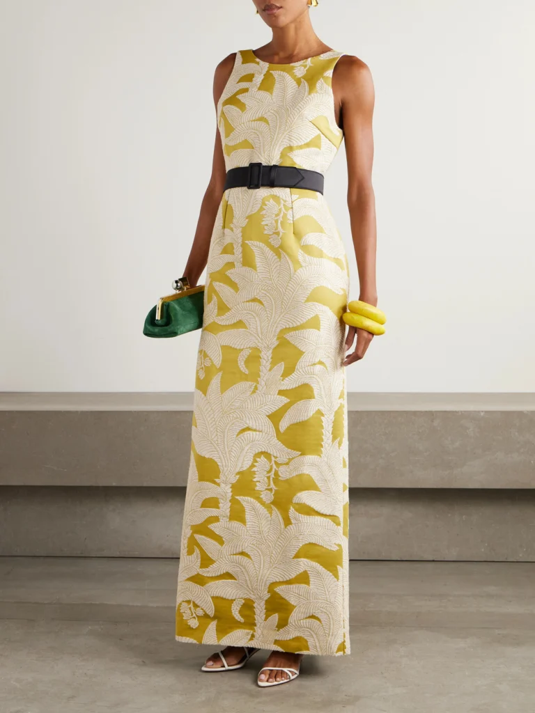 Marta Ferri Angera Belted Open-back Cotton-blend Brocade Maxi Dress