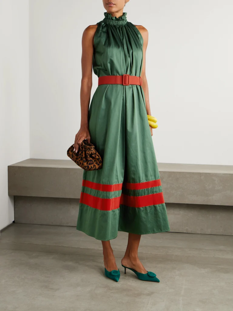 Marta Ferri Camogli Belted Ruched Grosgrain-trimmed Cotton-poplin Halterneck Midi Dress