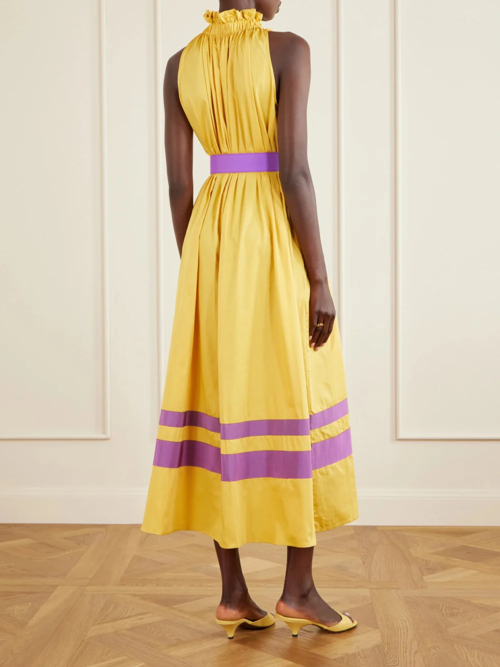 Back view of the Marta Ferri Camogli Belted Ruched Grosgrain-trimmed Cotton-poplin Halterneck Midi Dress