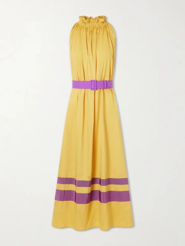 Marta Ferri Camogli Belted Ruched Grosgrain-trimmed Cotton-poplin Halterneck Midi Dress