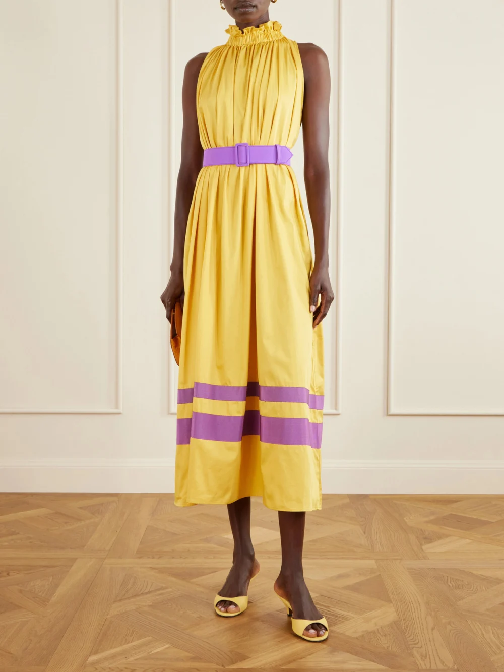 Marta Ferri Camogli Belted Ruched Grosgrain-trimmed Cotton-poplin Halterneck Midi Dress, worn by a model