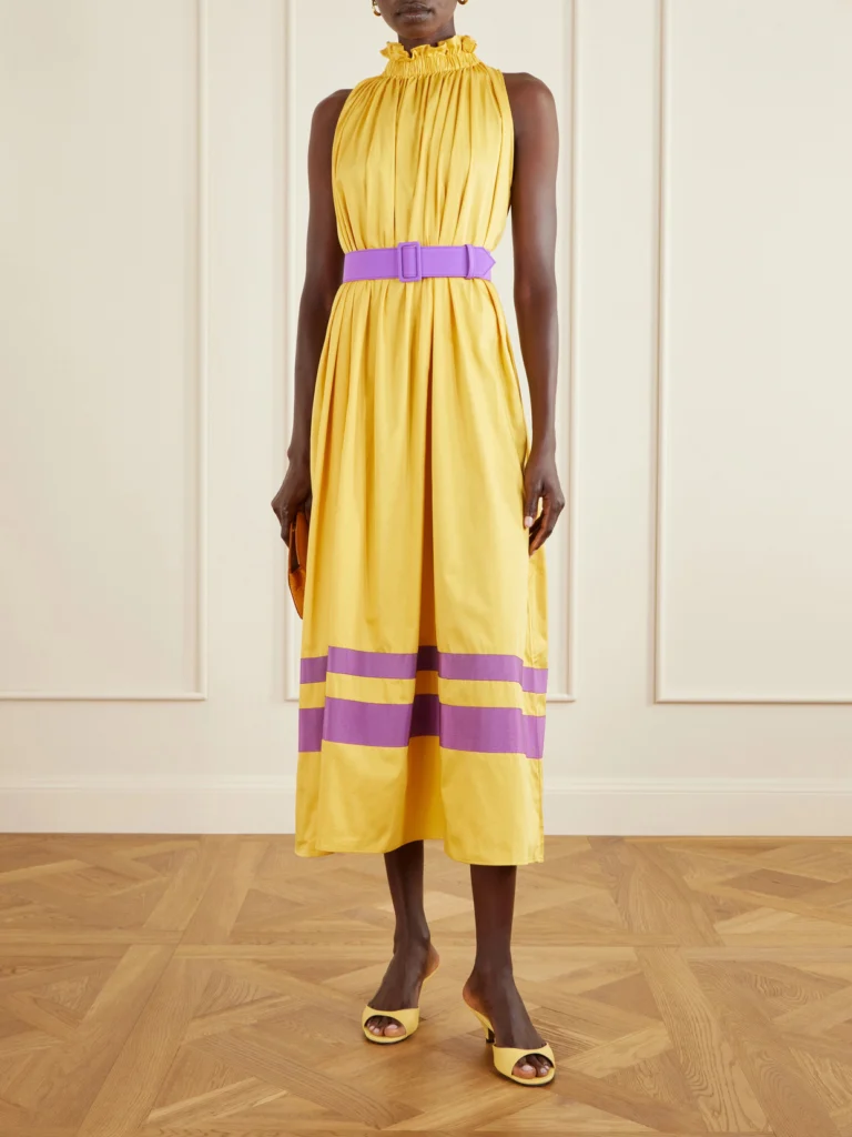 Marta Ferri Camogli Belted Ruched Grosgrain-trimmed Cotton-poplin Halterneck Midi Dress