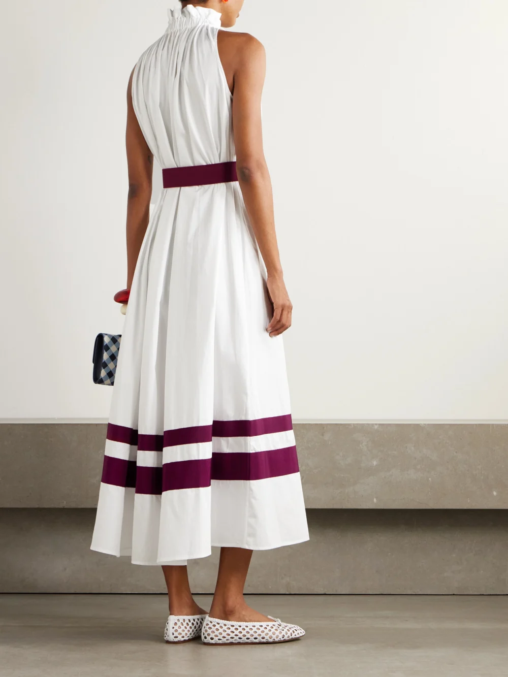 Back view of the Marta Ferri Camogli Grosgrain-trimmed Belted Cotton-twill Midi Dress