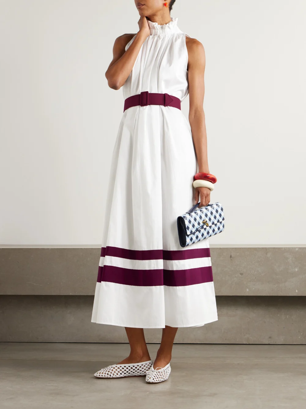 Marta Ferri Camogli Grosgrain-trimmed Belted Cotton-twill Midi Dress, worn by a model