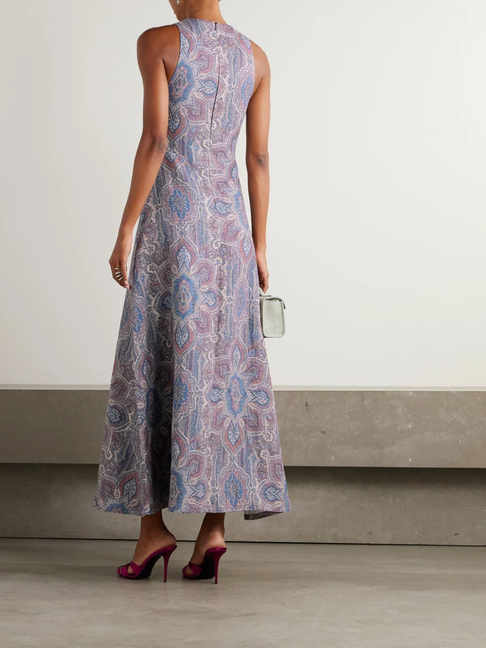 Back view of the Marta Ferri Colonna Printed Linen Midi Dress