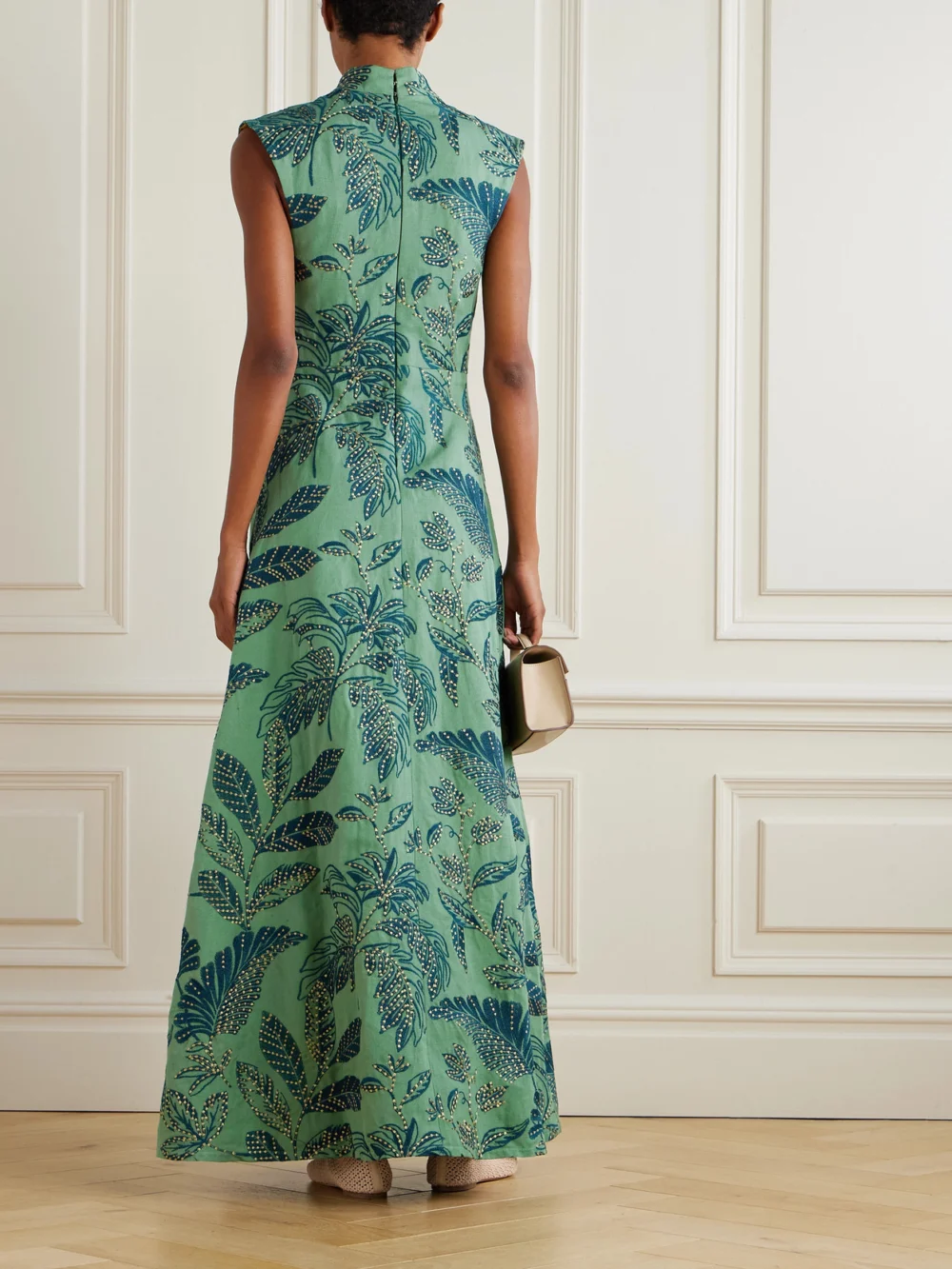 Back view of the Marta Ferri Eugenio Embroidered Canvas Maxi Dress