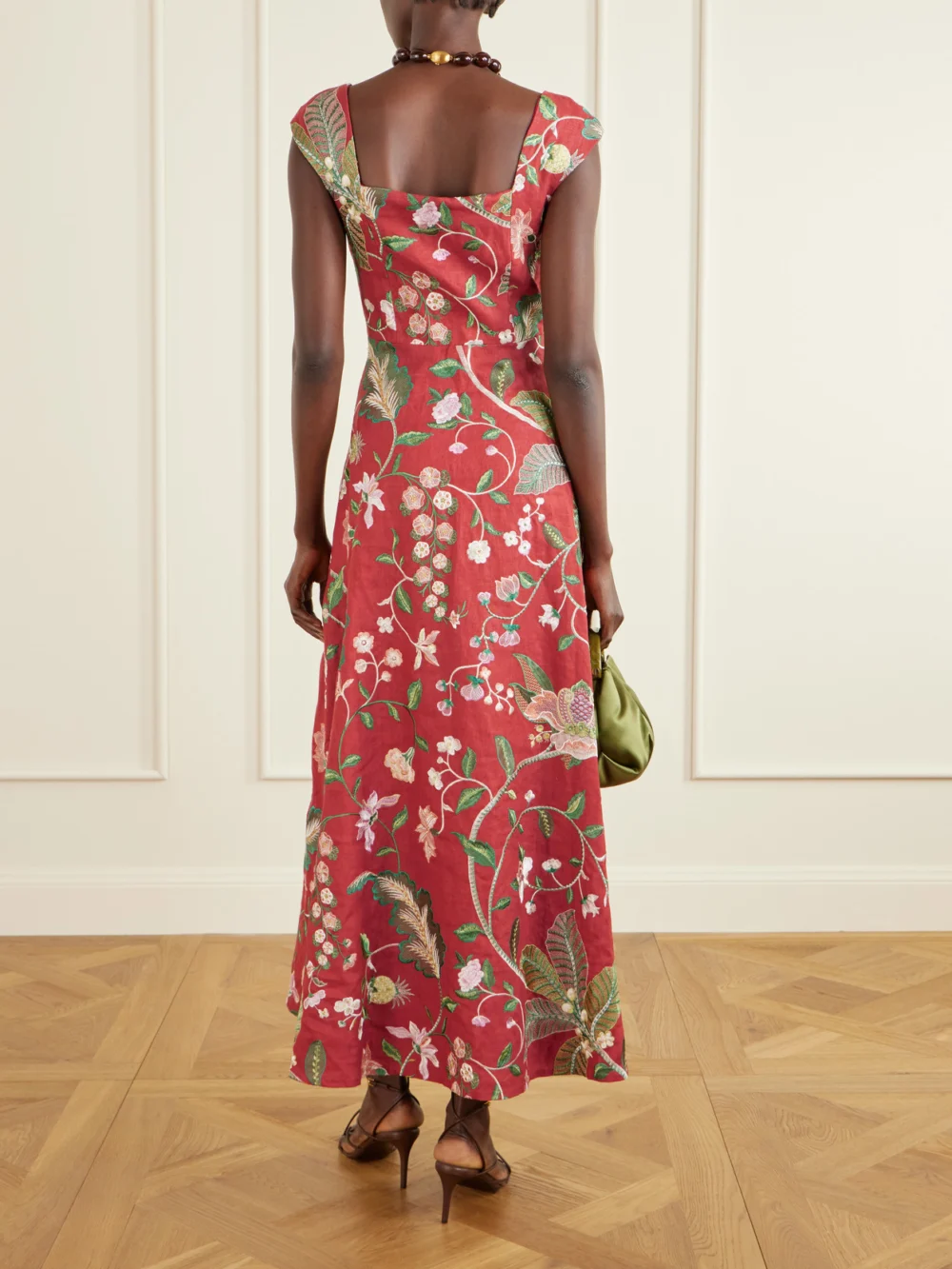 Back view of the Marta Ferri Farfalle Embroidered Linen-blend Maxi Dress
