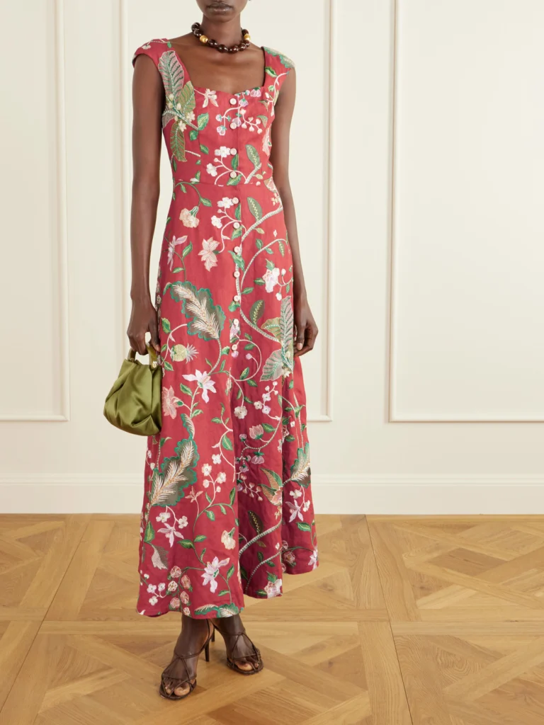 Marta Ferri Farfalle Embroidered Linen-blend Maxi Dress