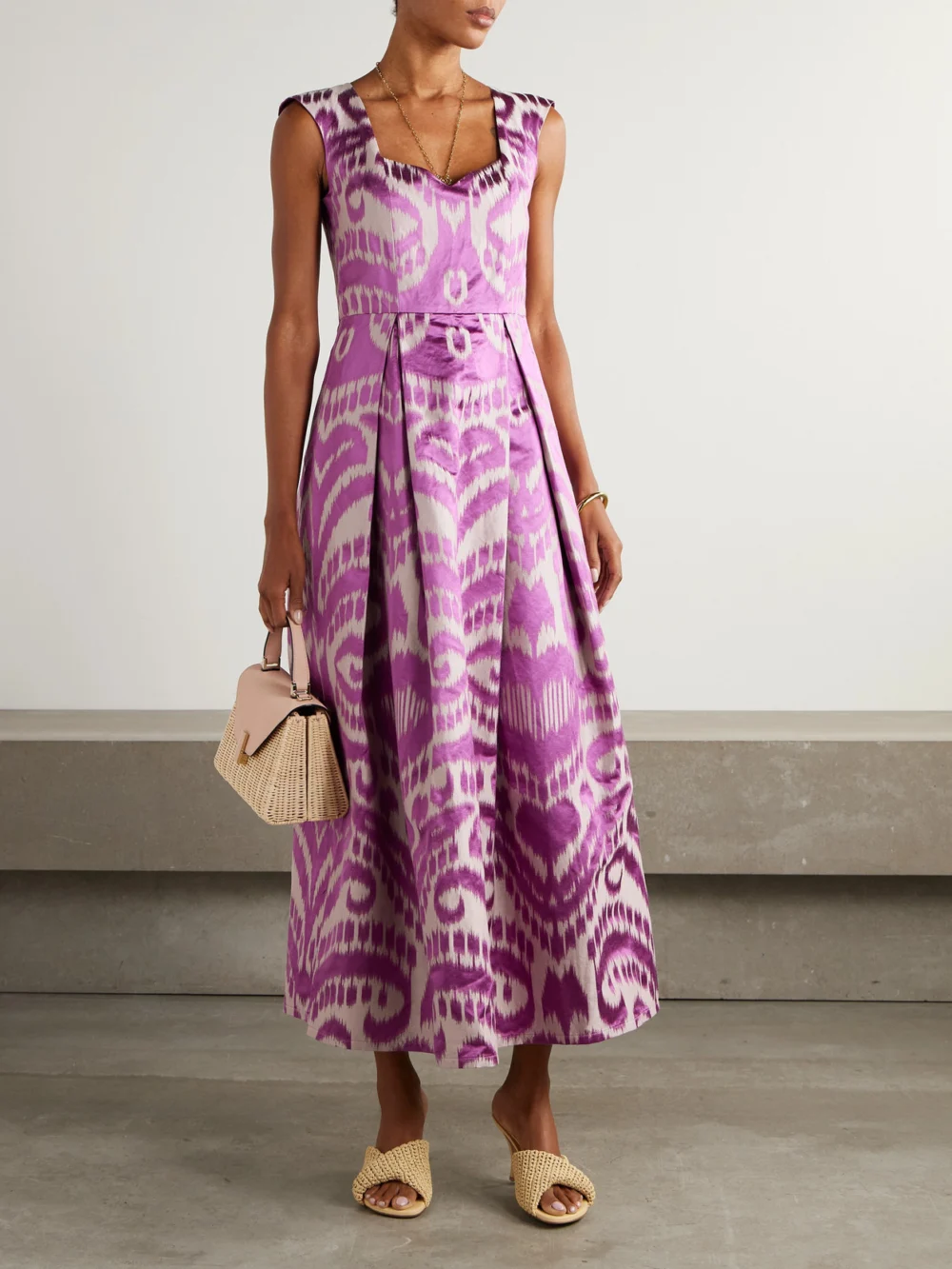 Marta Ferri Guenda Pleated Cotton, Silk and Linen-blend Jacquard Midi Dress, worn by a model