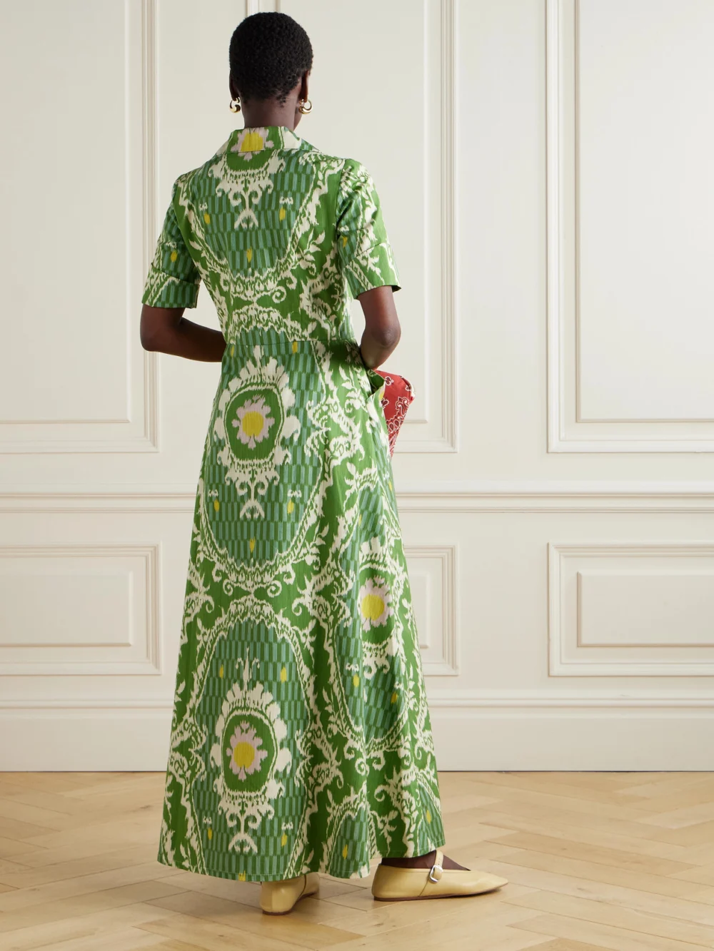 Back view of the Marta Ferri Maria Printed Organic Cotton Maxi Shirt Dress