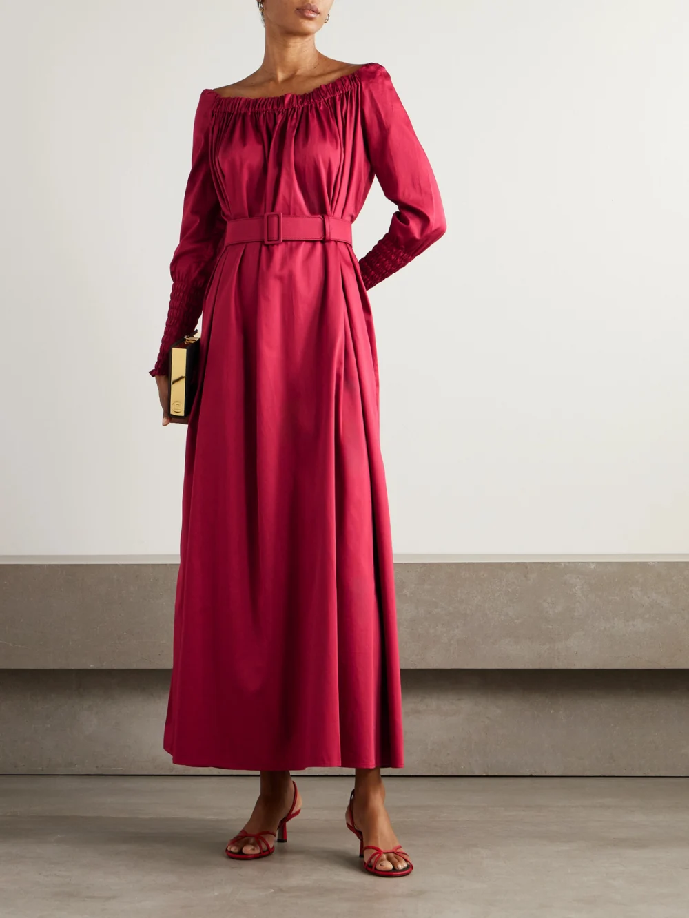 Marta Ferri Noel Belted Gathered Cotton-sateen Maxi Dress, worn by a model