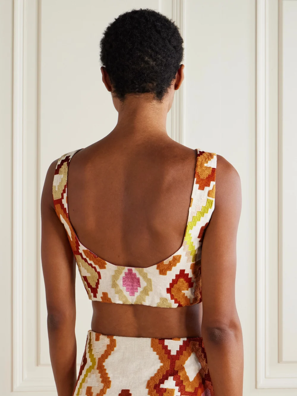 Back view of the Marta Ferri Santorini Cropped Embroidered Linen-blend Top