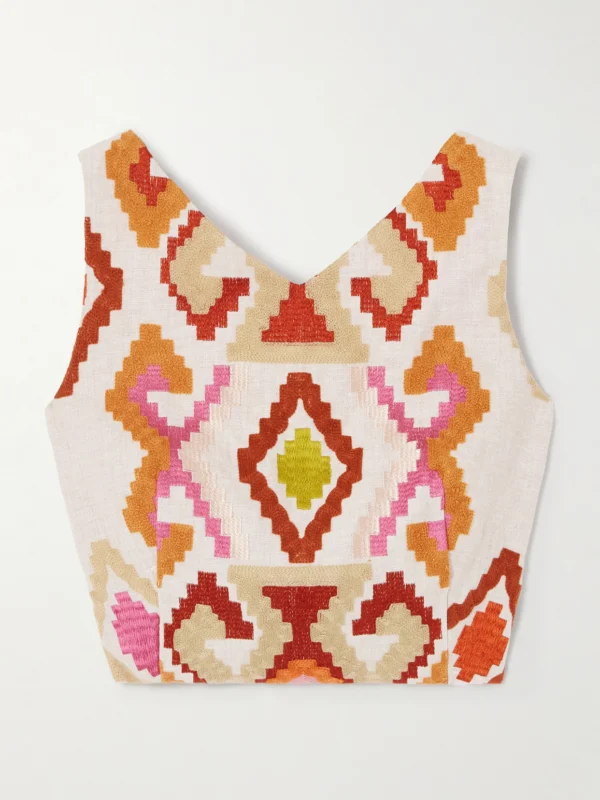 Marta Ferri Santorini Cropped Embroidered Linen-blend Top