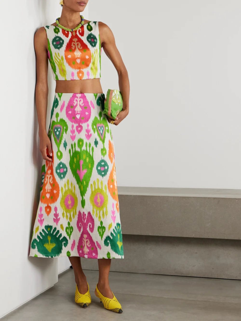 Marta Ferri Santorini Cropped Embroidered Woven Top, worn by a model