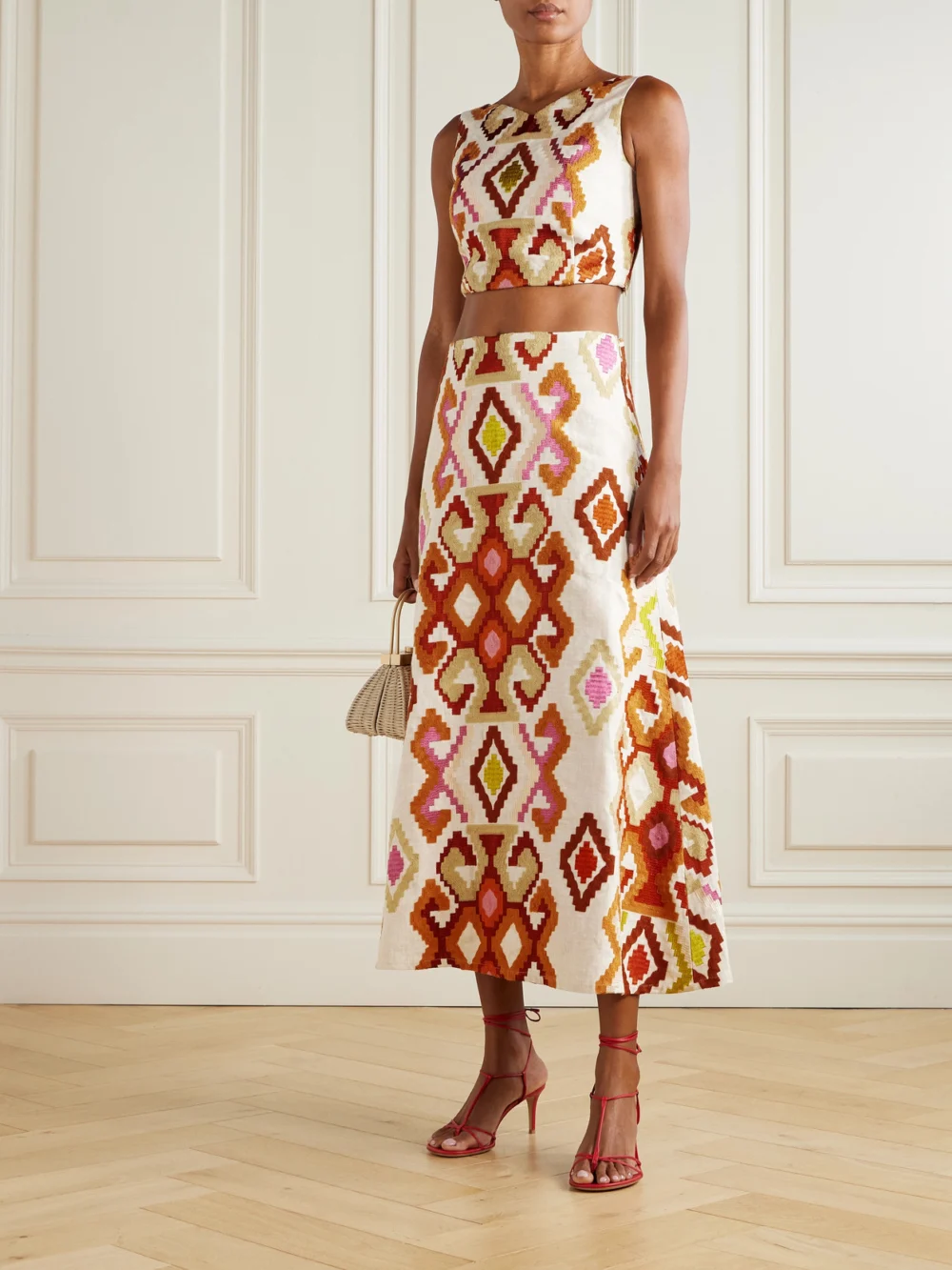 Marta Ferri Santorini Embroidered Linen-blend Midi Skirt, worn by a model