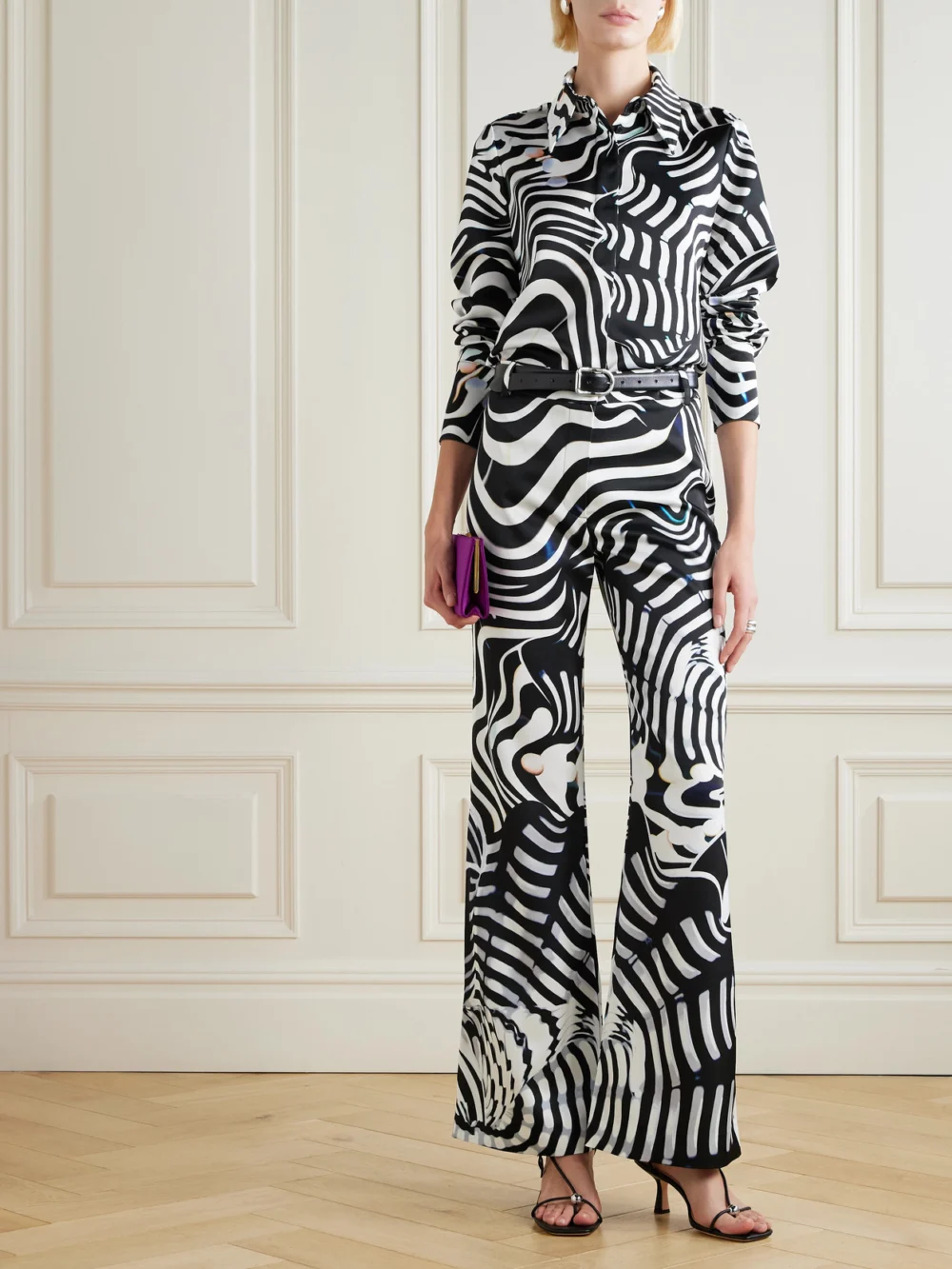 Mary Katrantzou Alcott Zebra-print Satin Blouse, worn by a model