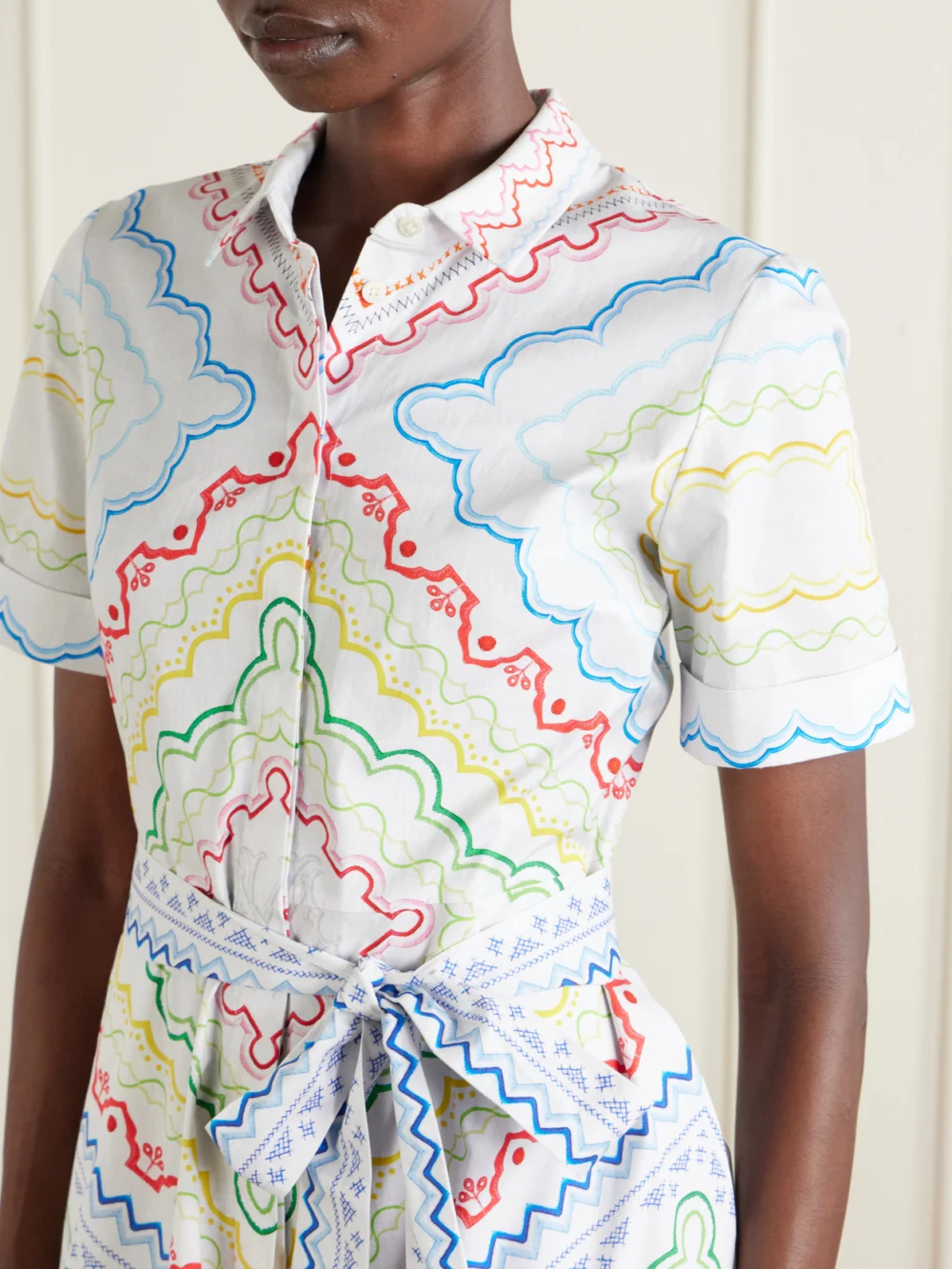 Close-up detail of the Mary Katrantzou Belted Printed Cotton-blend Midi Dress