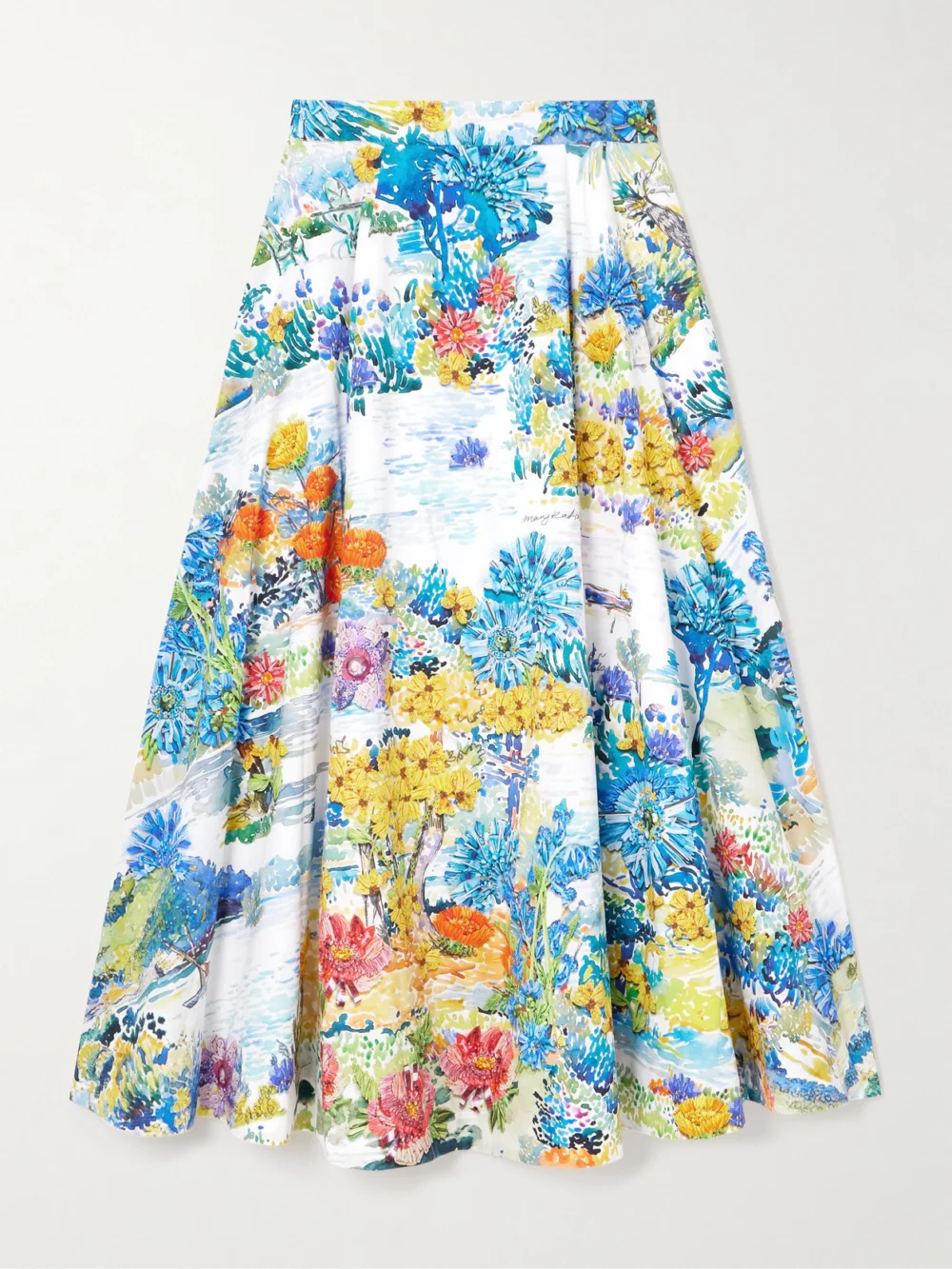 Mary Katrantzou Cadiot Pleated Floral-print Cotton-poplin Midi Skirt in blue
