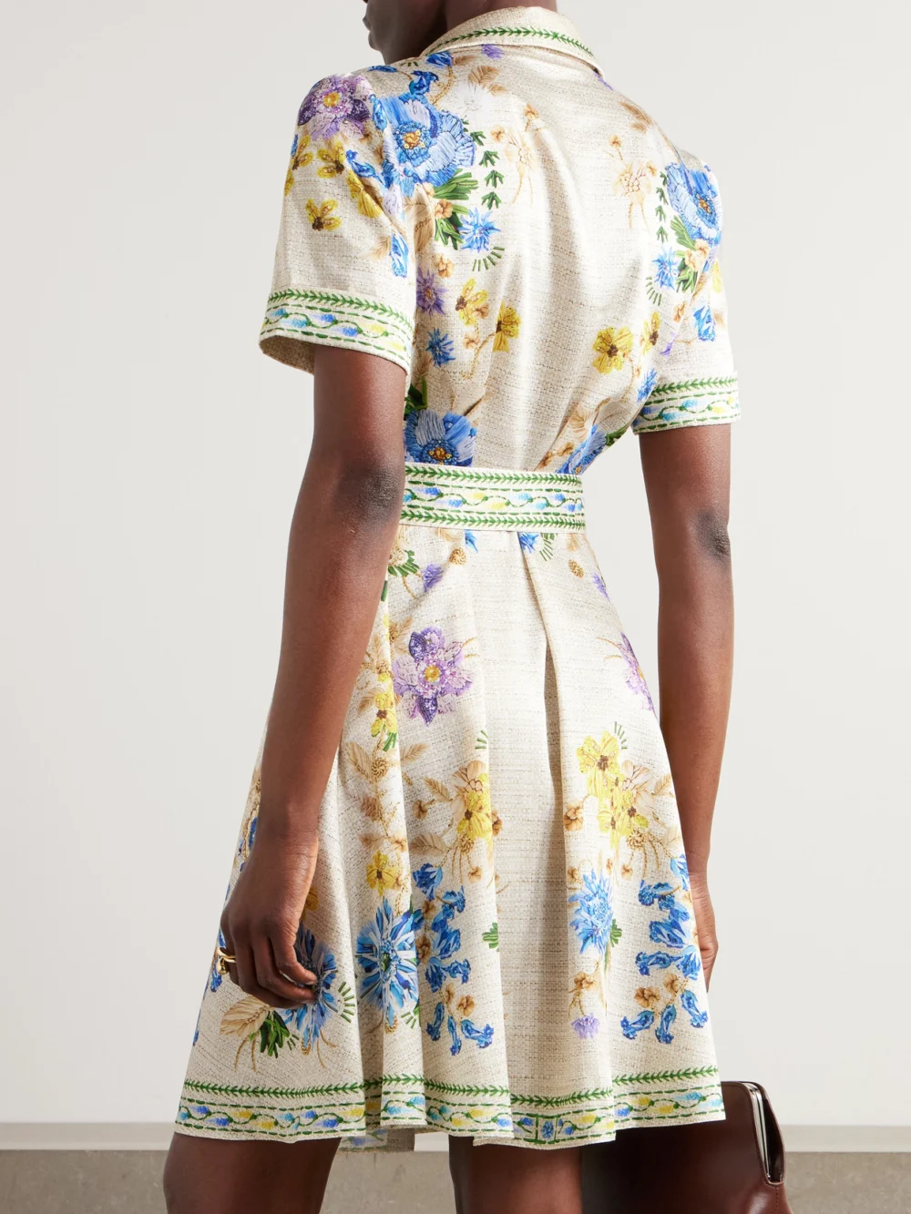 Back view of the Mary Katrantzou Chima Belted Floral-print Twill Mini Shirt Dress