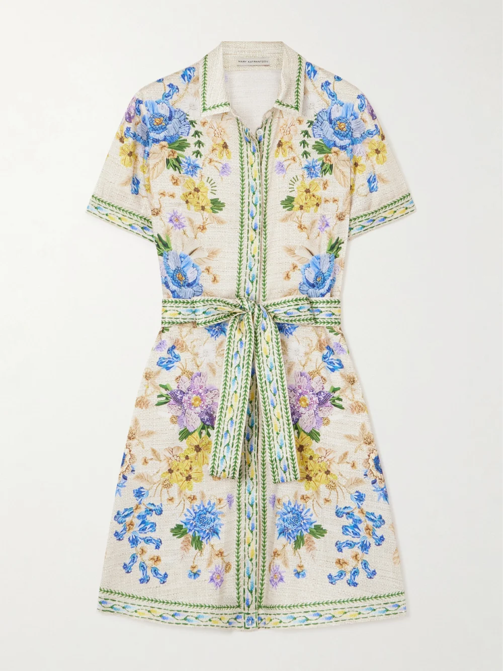 Mary Katrantzou Chima Belted Floral-print Twill Mini Shirt Dress in cream