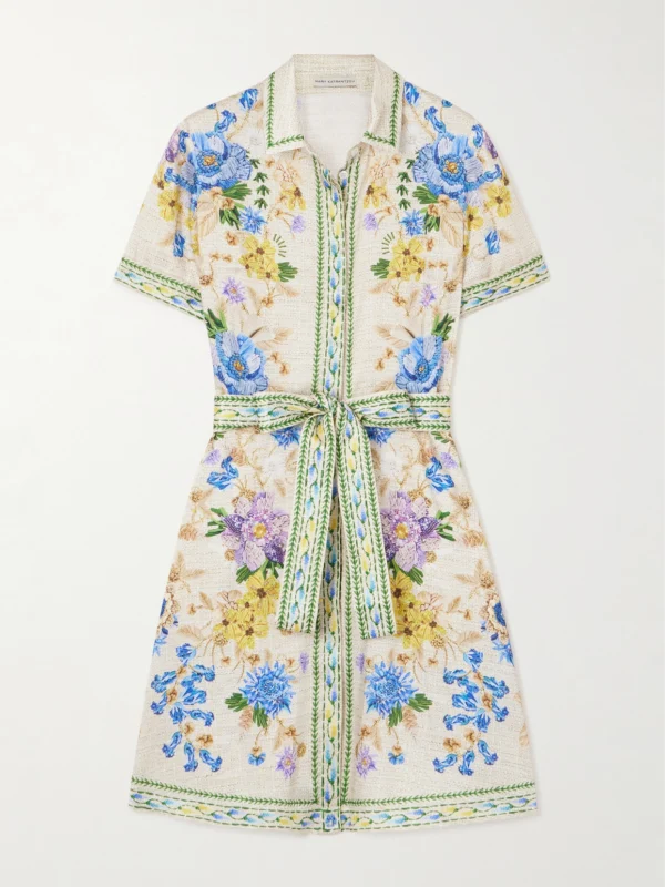 Mary Katrantzou Chima Belted Floral-print Twill Mini Shirt Dress