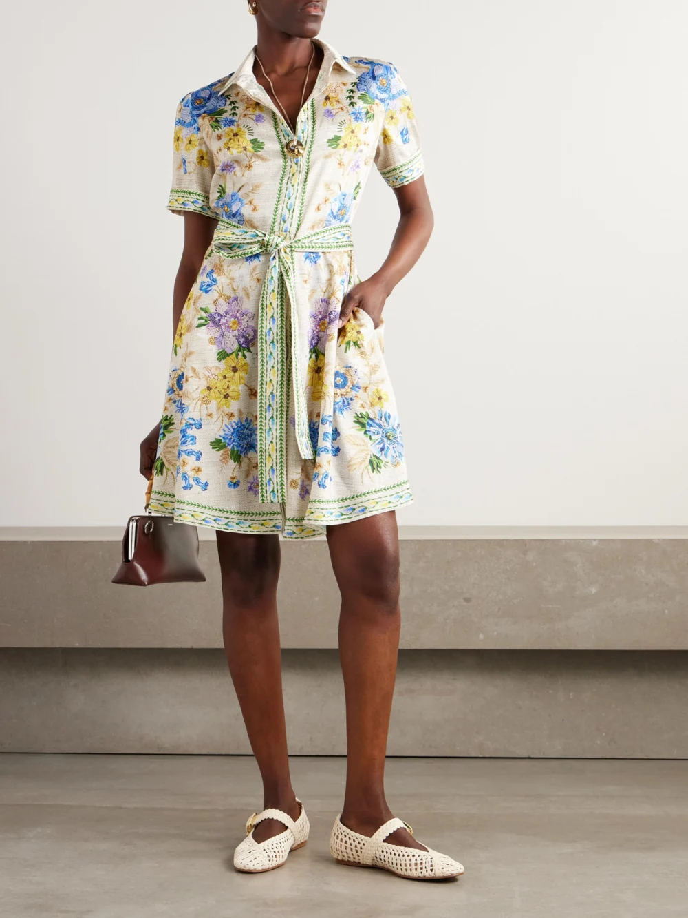 Mary Katrantzou Chima Belted Floral-print Twill Mini Shirt Dress, worn by a model