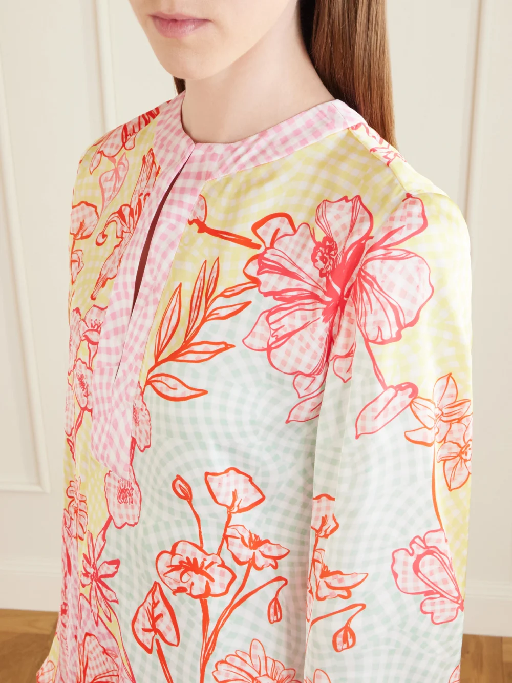 Close-up detail of the Mary Katrantzou Elsa Checked Floral-print Satin Midi Dress