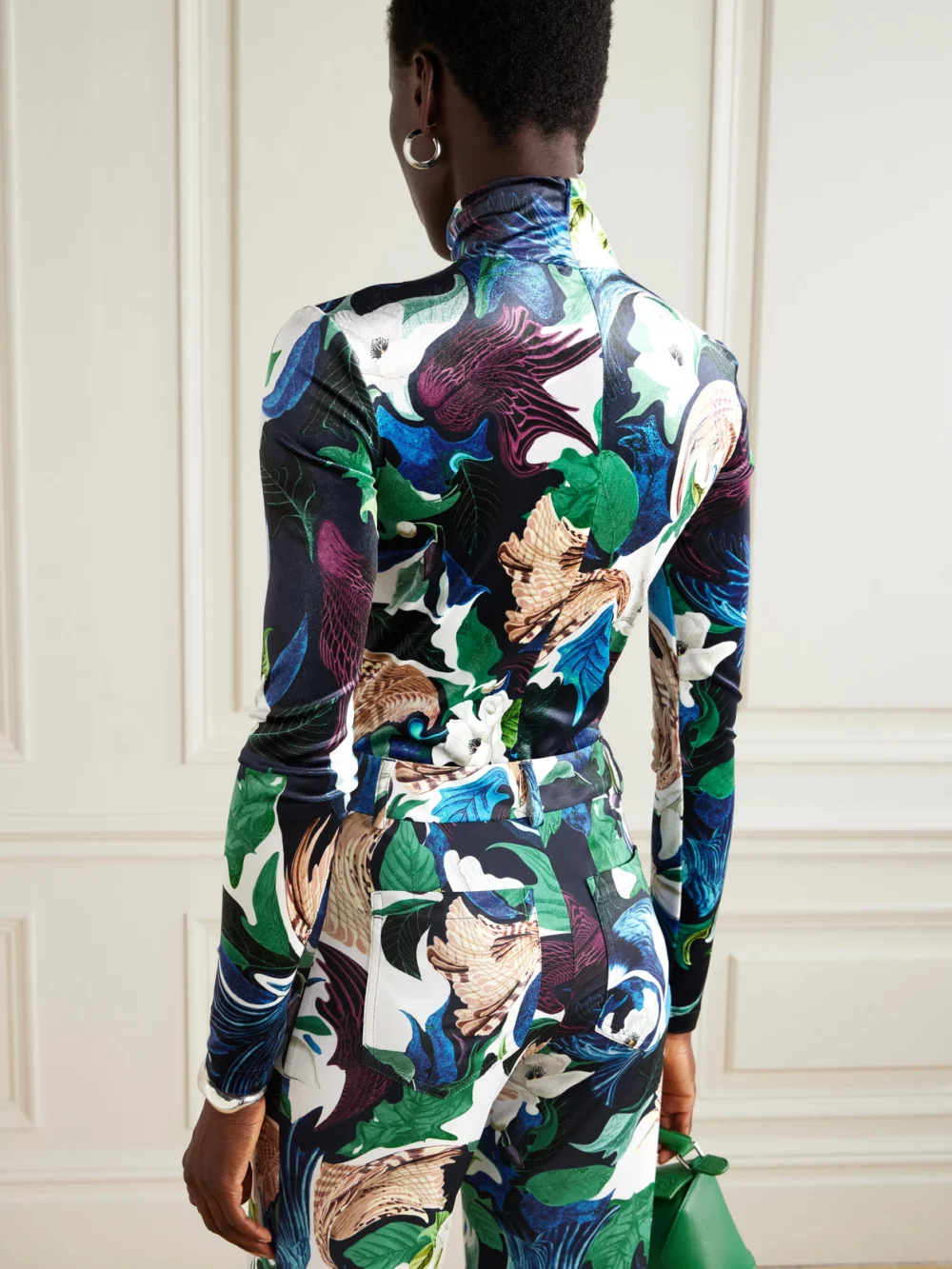 Back view of the Mary Katrantzou Jordan Printed Stretch-velvet Turtleneck Bodysuit