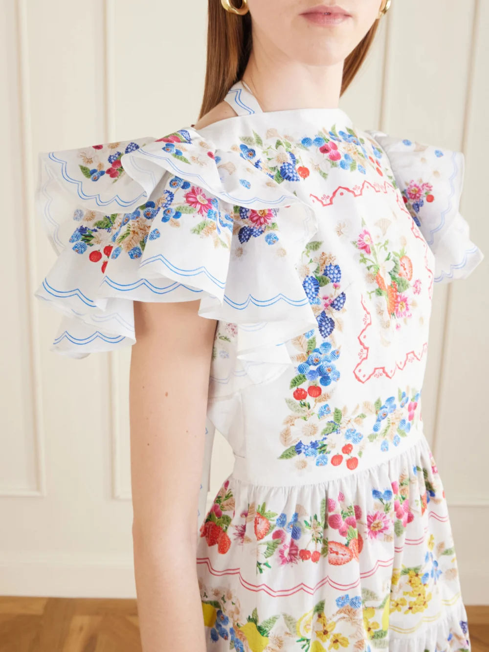 Close-up detail of the Mary Katrantzou Margarita Ruffled Floral-print Cotton-poplin Mini Dress