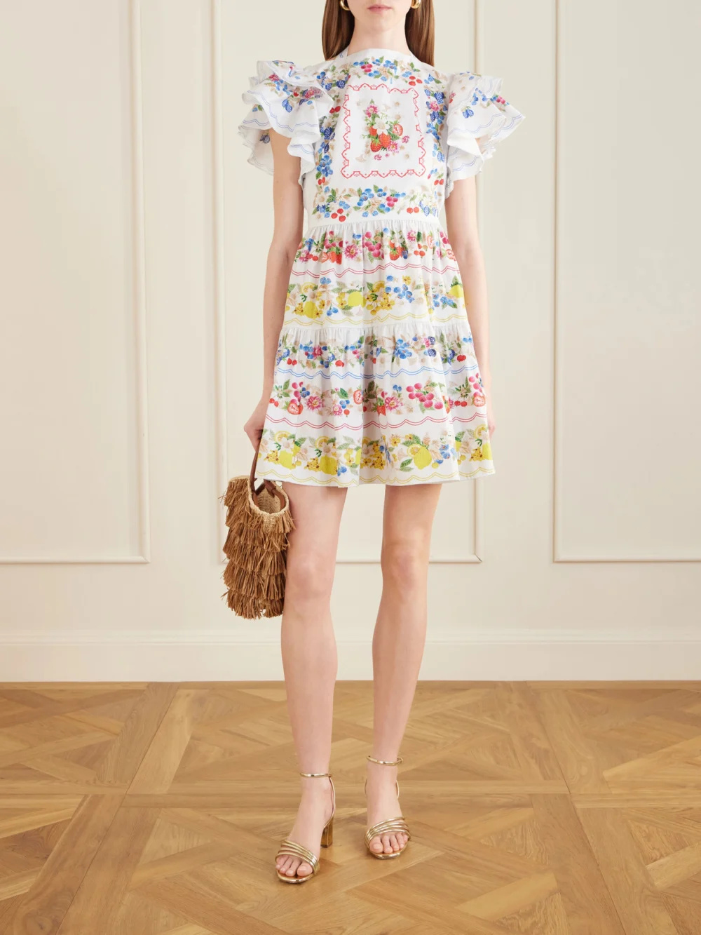 Mary Katrantzou Margarita Ruffled Floral-print Cotton-poplin Mini Dress, worn by a model