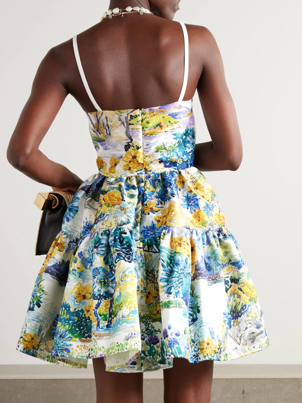 Back view of the Mary Katrantzou Margot Tiered Floral-print Cotton-faille Mini Dress