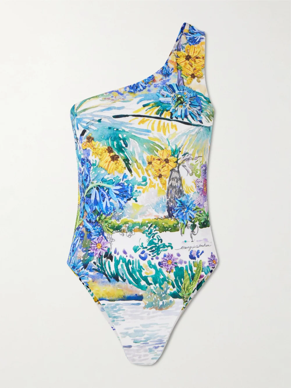 Mary Katrantzou Nata One-shoulder Printed Swimsuit in blue