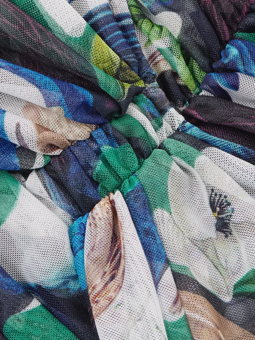 Close-up detail of the Mary Katrantzou Ruched Printed Stretch-tulle Midi Dress