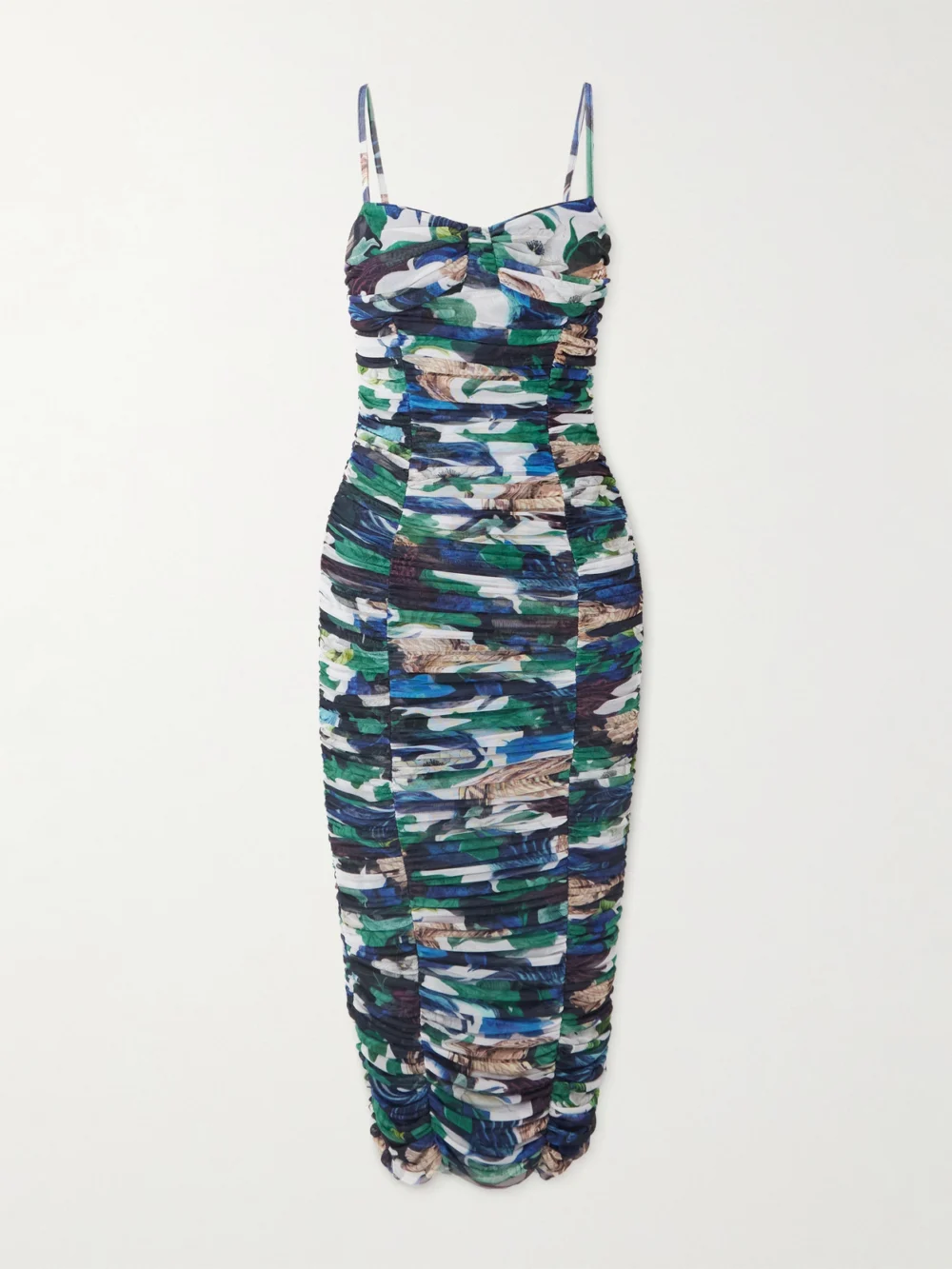 Mary Katrantzou Ruched Printed Stretch-tulle Midi Dress in blue