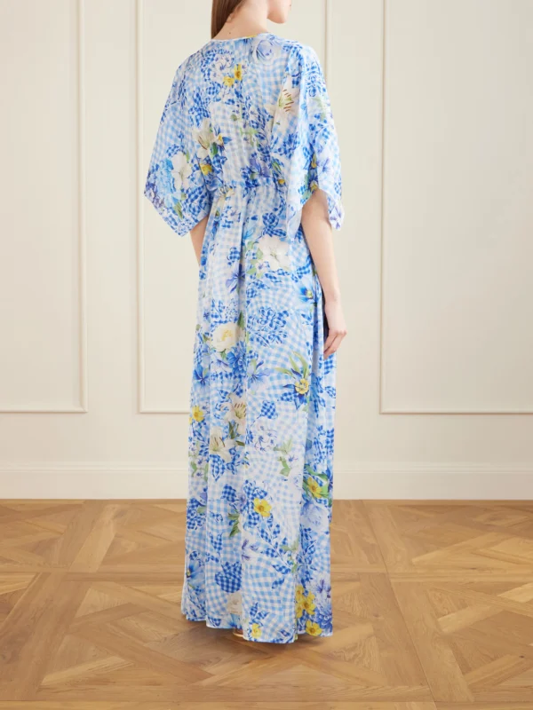 Back view of the Mary Katrantzou Taormina Checked Floral-print Satin Kaftan