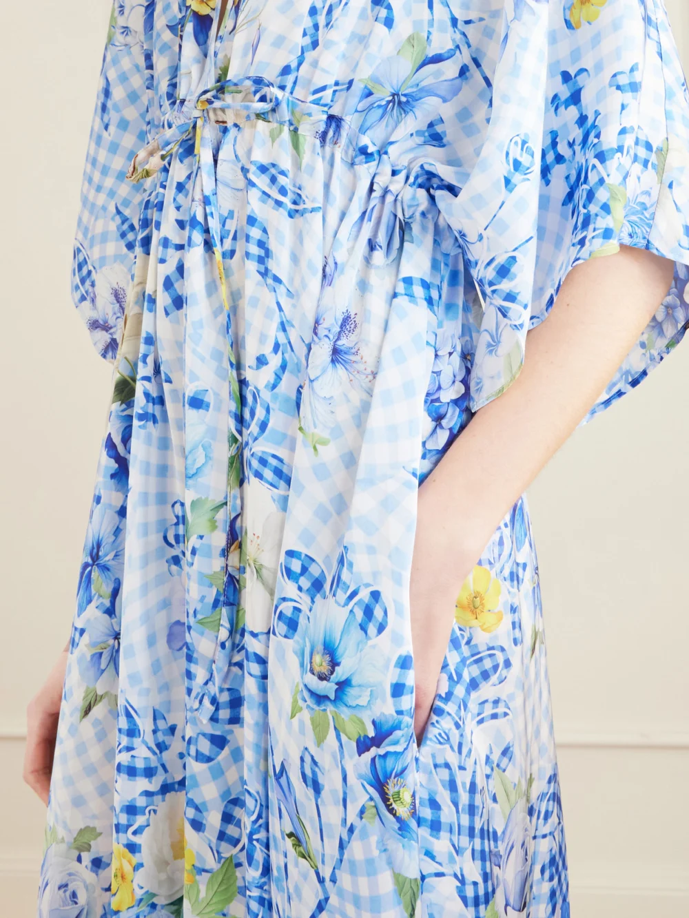 Close-up detail of the Mary Katrantzou Taormina Checked Floral-print Satin Kaftan