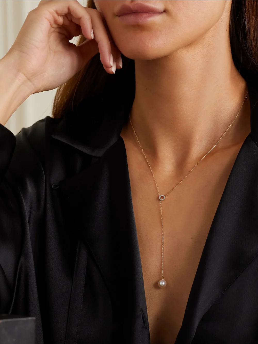 Mateo 14-karat Gold, Diamond and Pearl Necklace, styled view