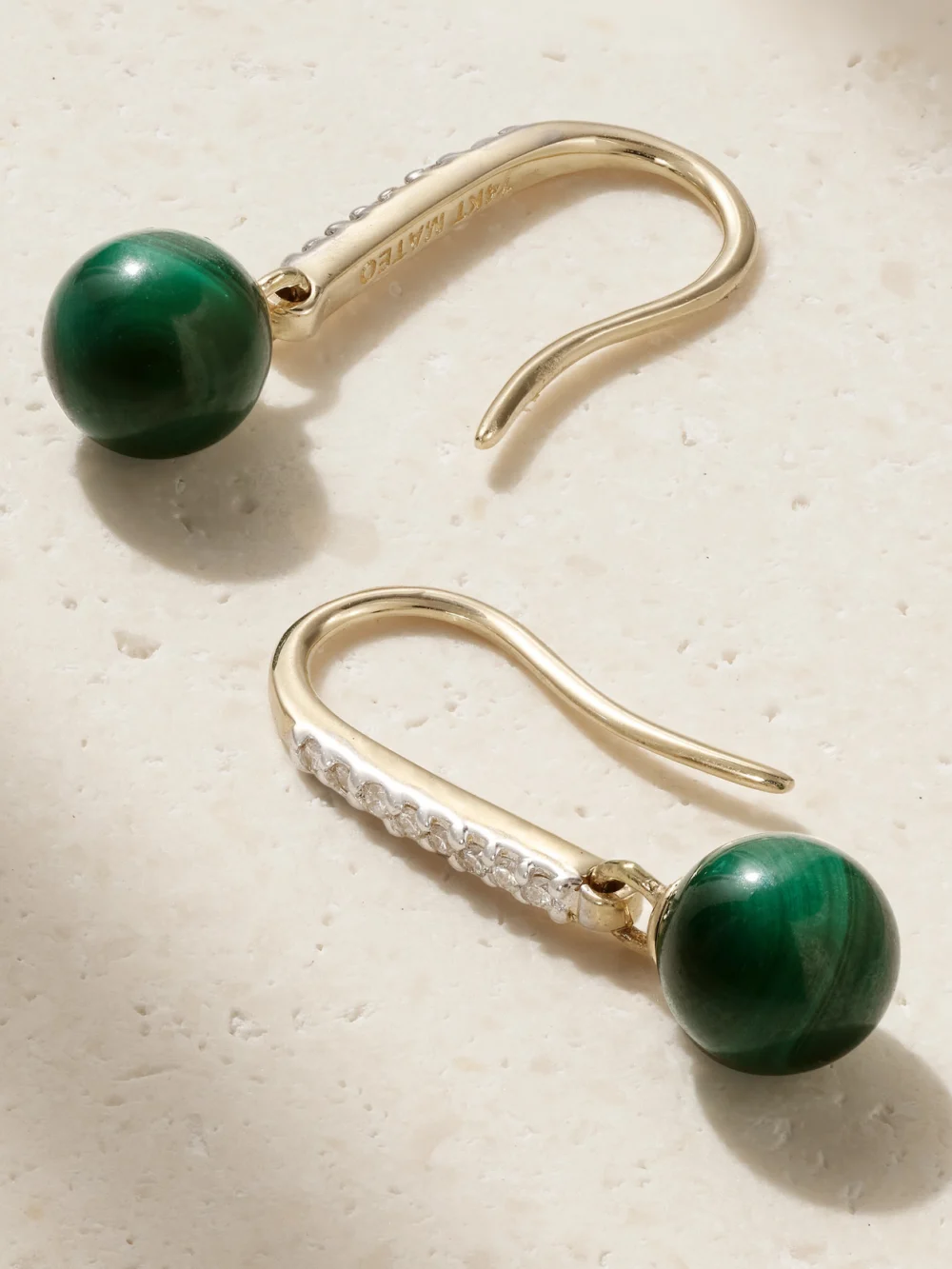 Close-up detail of the Mateo 14-karat Gold, Malachite and Diamond Earrings