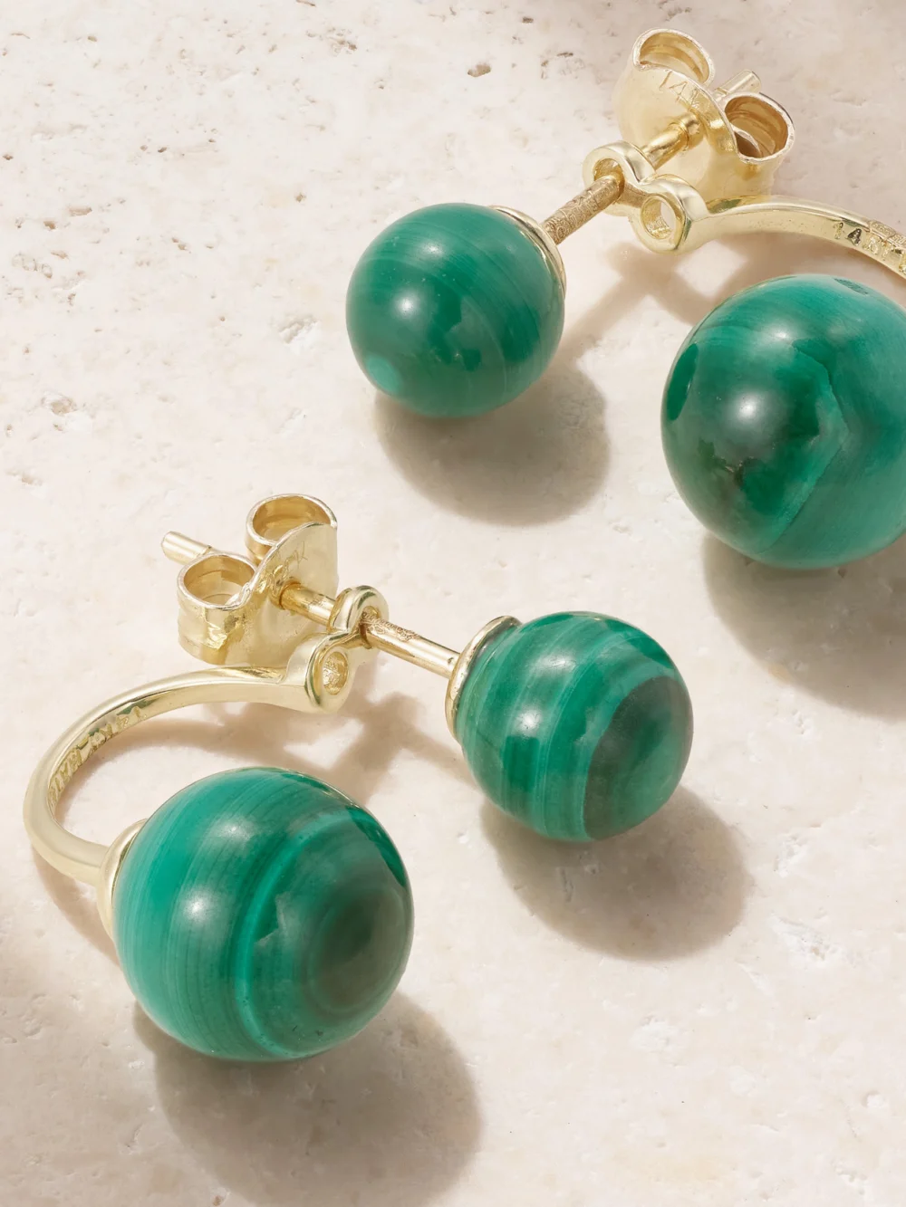 Close-up detail of the Mateo 14-karat Gold Malachite Earrings